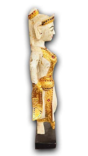 Sirin Craft A Pair of Northern Thailand Traditional Dancing Girl (Nang Hai) Wood Craved Statue Handicraft Home Décor Sculpture Art Thai Style Decoration (White)