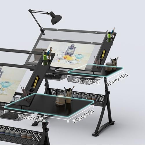 (en:Art & Craft Desk with Stool Drawing Table, Height(25.6"-35.4") Adjustable, 0°-50° Tiltable Glass top, Artist Workstation for Home Office School Study Room)