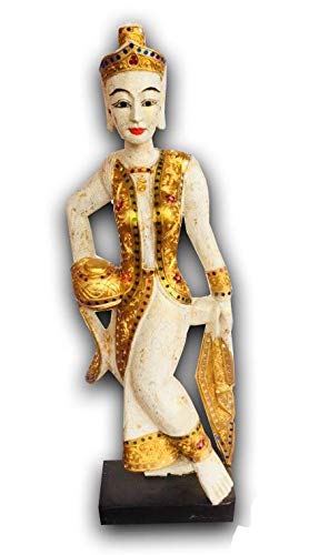 Sirin Craft A Pair of Northern Thailand Traditional Dancing Girl (Nang Hai) Wood Craved Statue Handicraft Home Décor Sculpture Art Thai Style Decoration (White)