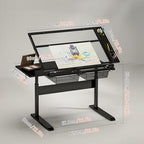 (en:Art & Craft Desk with Stool Drawing Table, Height(25.6"-35.4") Adjustable, 0°-50° Tiltable Glass top, Artist Workstation for Home Office School Study Room)