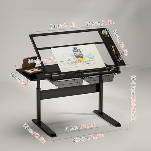 (en:Art & Craft Desk with Stool Drawing Table, Height(25.6"-35.4") Adjustable, 0°-50° Tiltable Glass top, Artist Workstation for Home Office School Study Room)