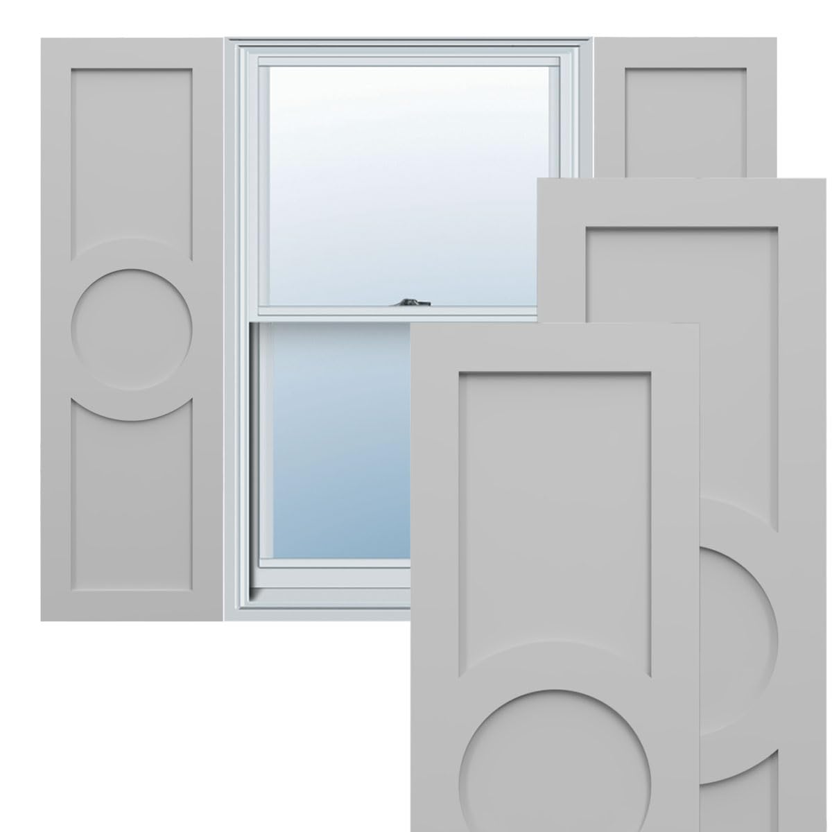 18"W x 68"H True Fit PVC Center Circle Arts & Crafts Fixed Mount Shutters, Hailstorm Gray (Per Pair - Hardware Not Included)