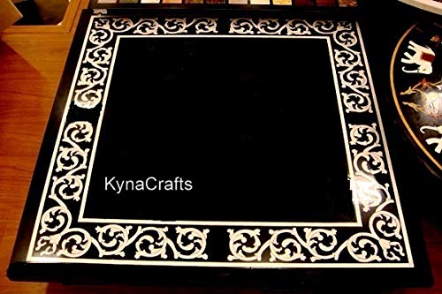 30 x 30 Inches Round Shape Black Marble Coffee Table Top Unique Pattern Inlay Work Lawn Table from Indian Vintage Art and Crafts