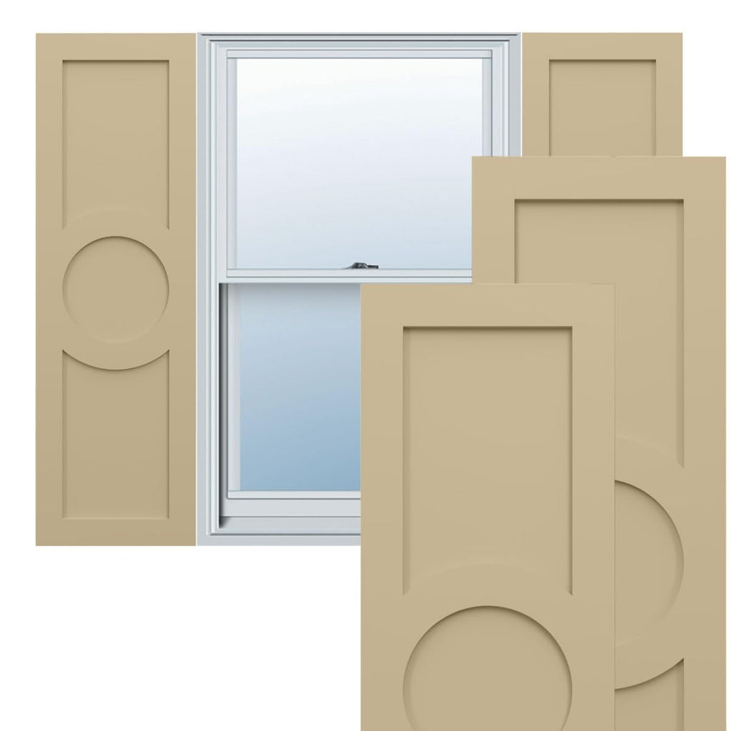 18"W x 68"H True Fit PVC Center Circle Arts & Crafts Fixed Mount Shutters, Natural Twine (Per Pair - Hardware Not Included)
