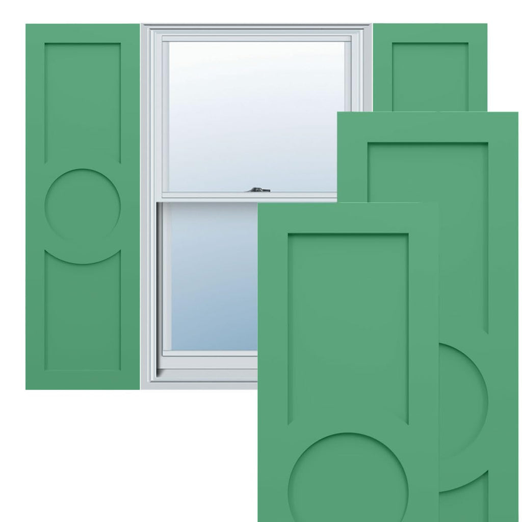 18"W x 68"H True Fit PVC Center Circle Arts & Crafts Fixed Mount Shutters, Natural Twine (Per Pair - Hardware Not Included)