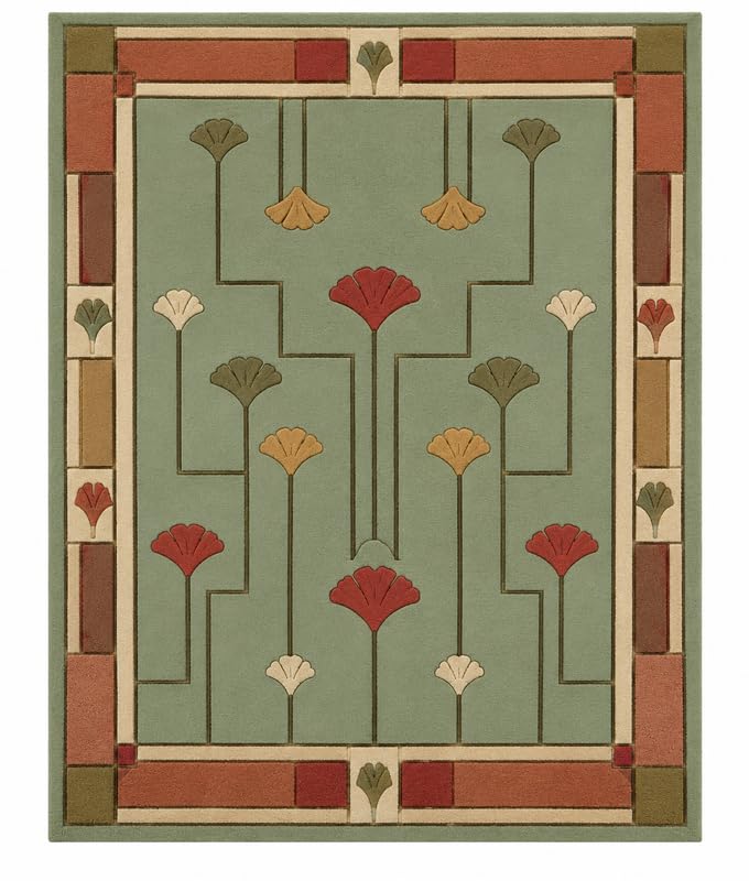 WD Ginkgo Art & Crafts Green Modern Wool Area Rug for Living Room and Bedroom, 9X11