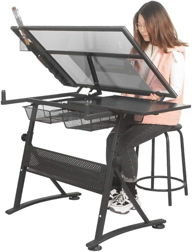 Adjustable Drafting Table with Storage Large Tiltable Craft Desk for Home Office Art W