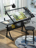 (en:Art & Craft Desk with Stool Drawing Table, Height(25.6"-35.4") Adjustable, 0°-50° Tiltable Glass top, Artist Workstation for Home Office School Study Room)