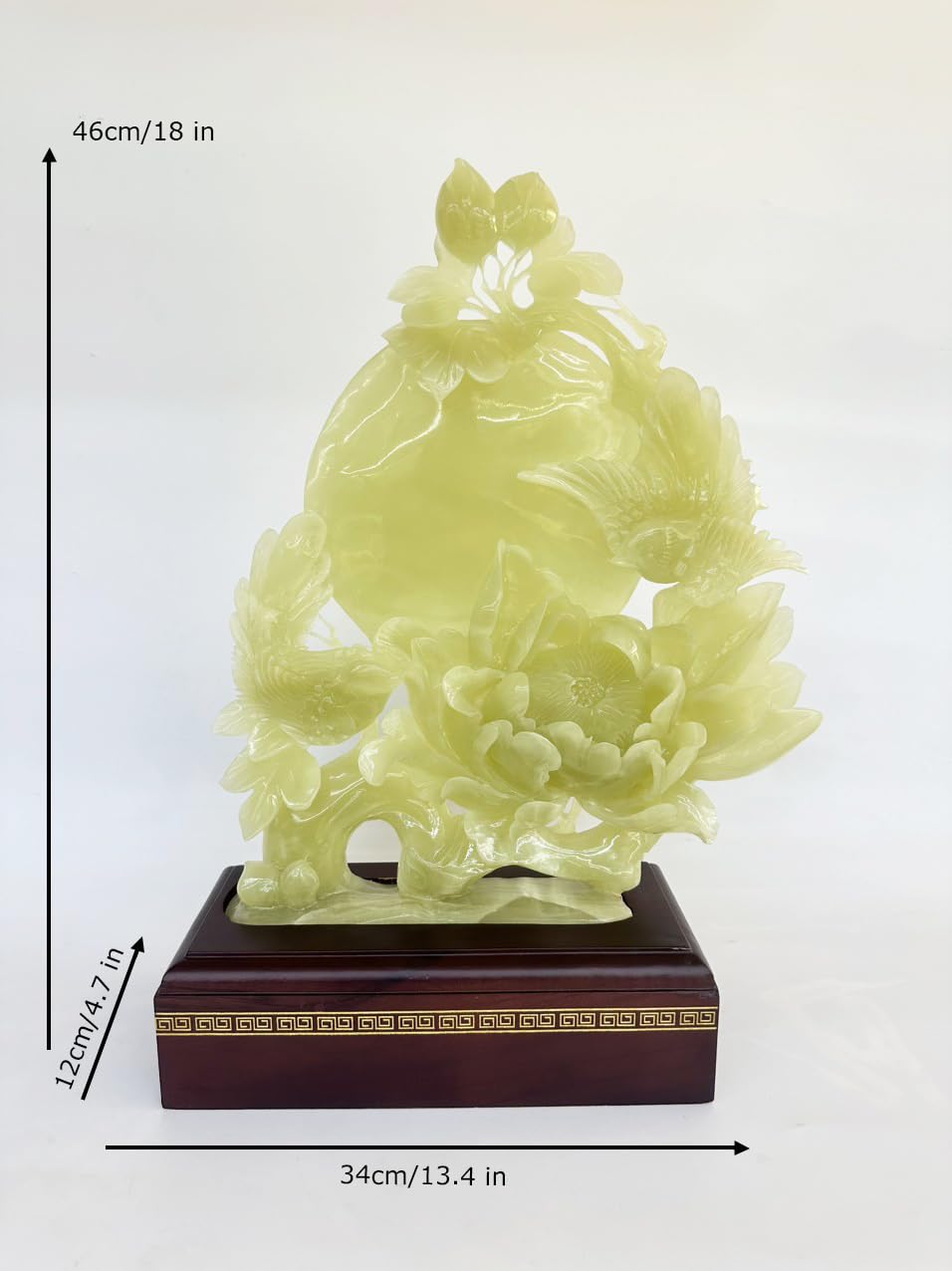 18" H Green Onyx Marble Carving Flower Bird Arts Crafts Statue Sculpture with Box and Stand