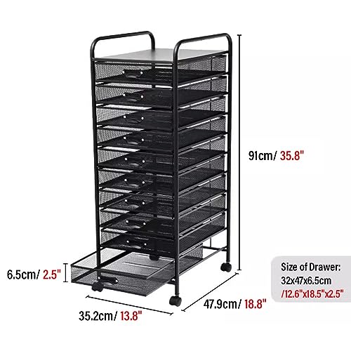 Storage Shelf-Rolling File Cabinet Utility Cart for Office/Home Organization High Capacity Metal Mesh Tool Box Storage Art Craft Organizer on Wheels（Black,35x47
