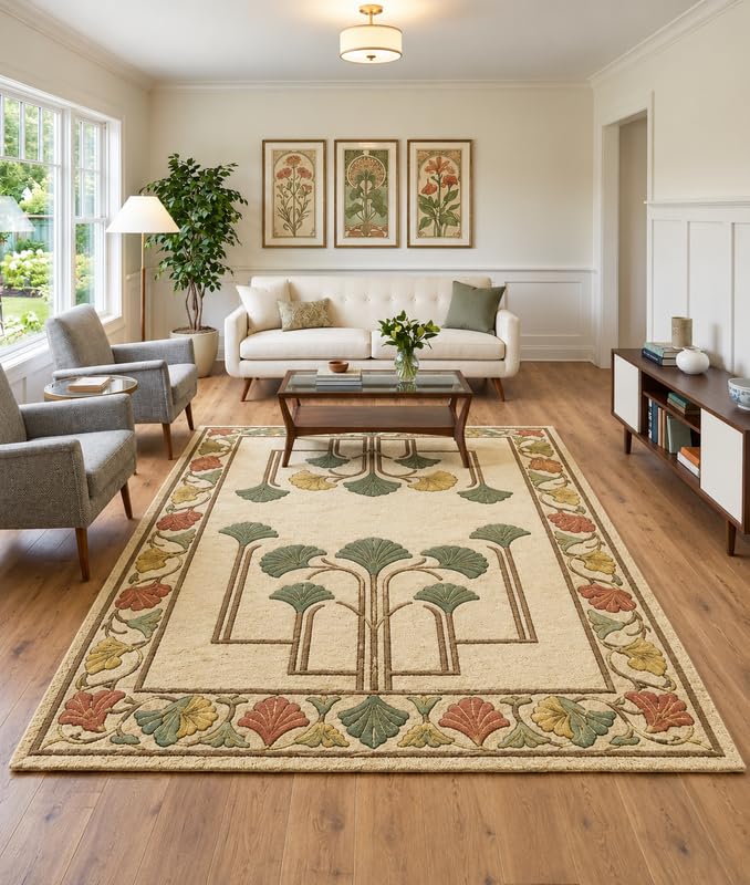 WD Ginkgo Art & Crafts Green Modern Wool Area Rug for Living Room and Bedroom, 8X11