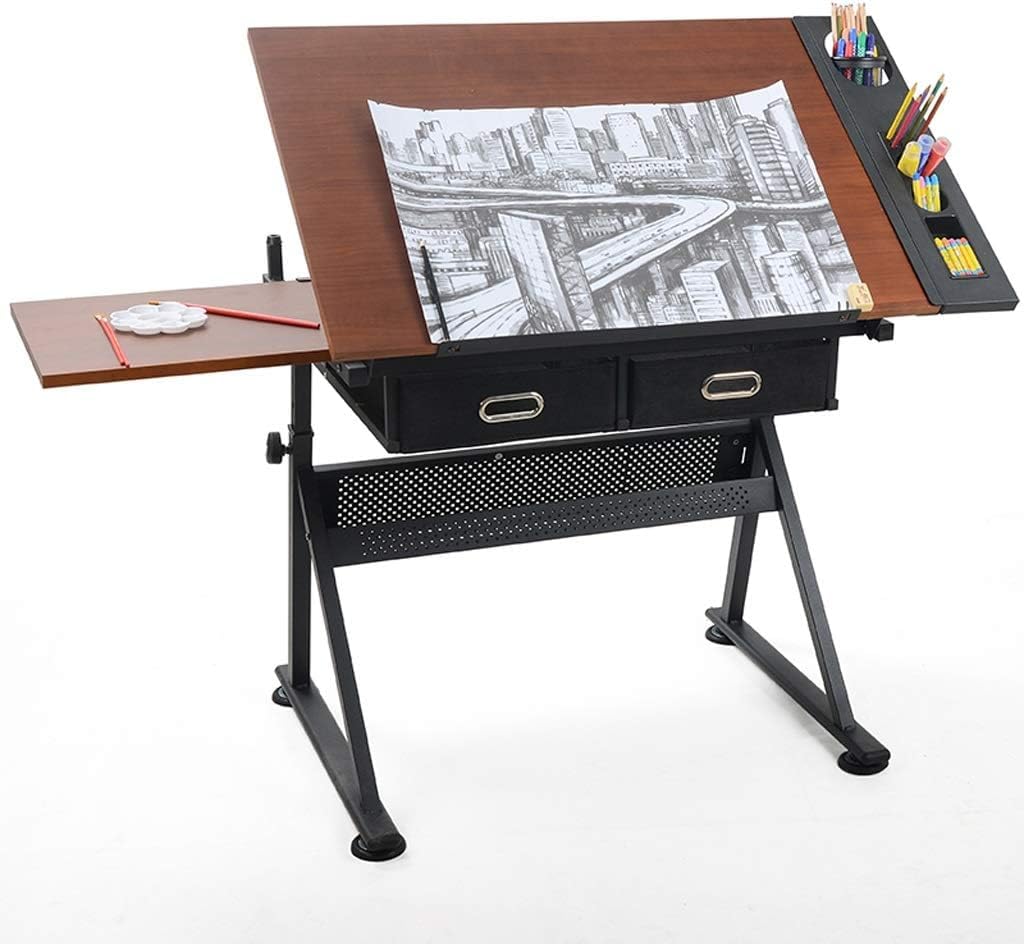 Adjustable Drafting Table with Storage, Tiltable Craft Desk for Home Office Art Projects, Maple Panel Drawing Desk