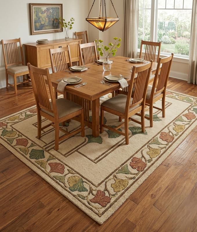 WD Ginkgo Art & Crafts Green Modern Wool Area Rug for Living Room and Bedroom, 10X12