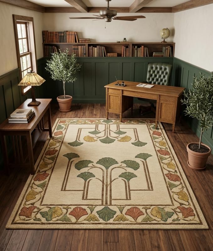 WD Ginkgo Art & Crafts Green Modern Wool Area Rug for Living Room and Bedroom, 9X11