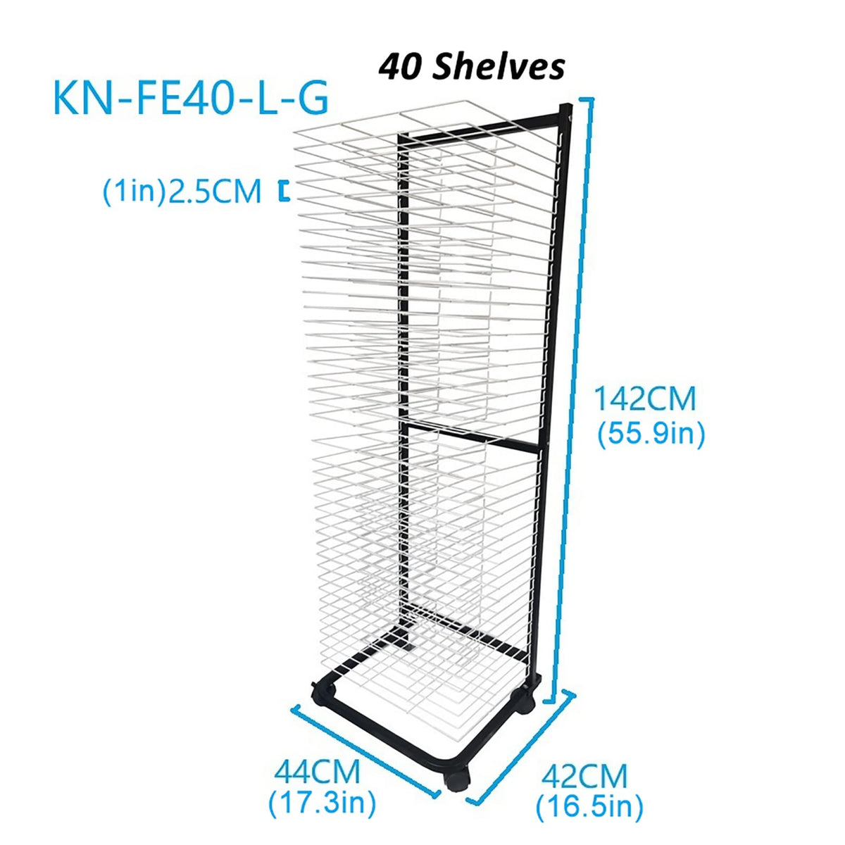 40 Wire Shelves Mobile Classrooms Art Drying Rack Artwork Storage Rack Printing Crafts Drying Shelf with Wheels for Art Studios, 17.3 x 16.5 x 55.9 inches, Stee