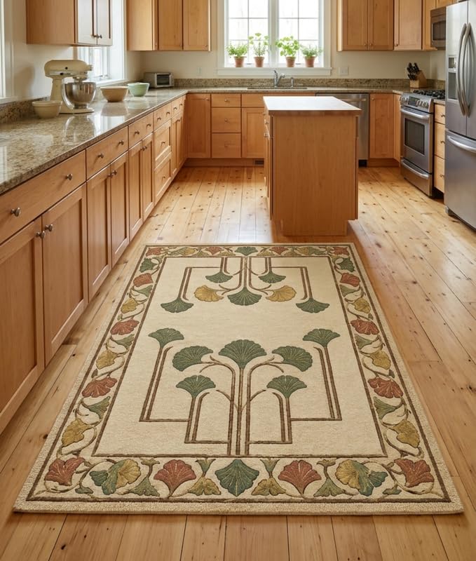 WD Ginkgo Art & Crafts Green Modern Wool Area Rug for Living Room and Bedroom, 9X9