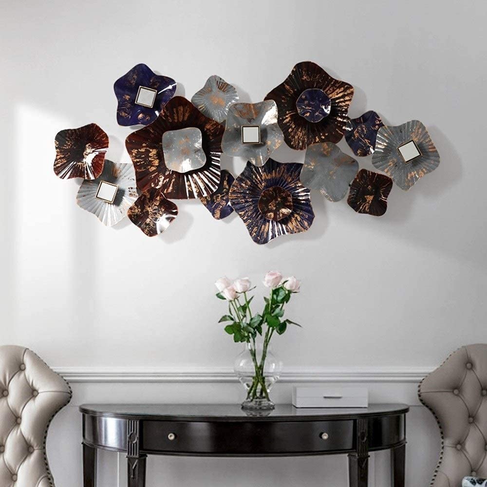 Wall Decor Large Metal Wall Decoration- Art Wall Hanging, Metal Wall Art,3D Wrought Iron Flower Wall Decoration with Small Mirror Craft for Living Room Sofa Background Wall Hanging