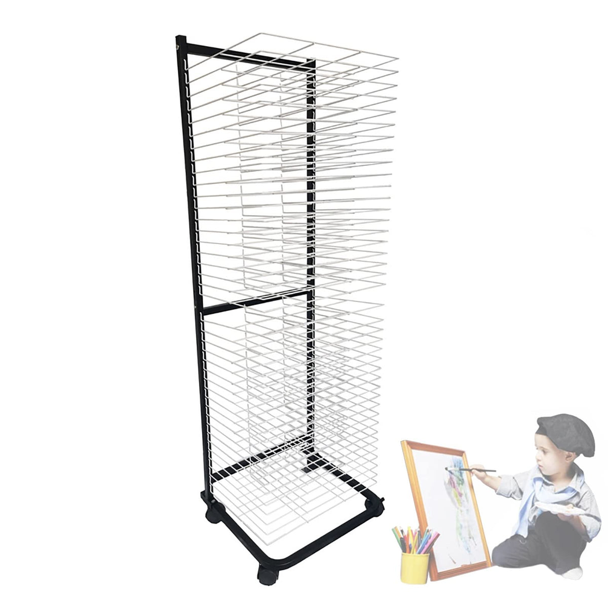 40 Wire Shelves Mobile Classrooms Art Drying Rack Artwork Storage Rack Printing Crafts Drying Shelf with Wheels for Art Studios, 17.3 x 16.5 x 55.9 inches, Stee
