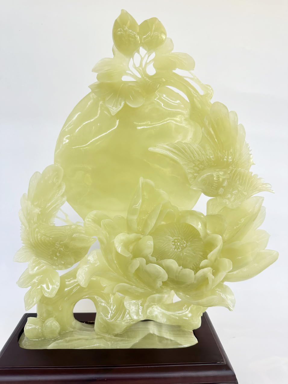 18" H Green Onyx Marble Carving Flower Bird Arts Crafts Statue Sculpture with Box and Stand