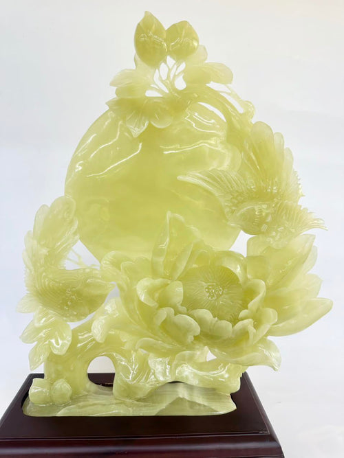 18" H Green Onyx Marble Carving Flower Bird Arts Crafts Statue Sculpture with Box and Stand