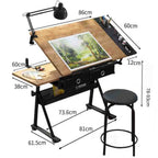 0-80° Adjustable Painting Desk Slant Lift Art Craft Station Study Desk, Work Bench with 2 Drawers/Stool for Artist Painter Office