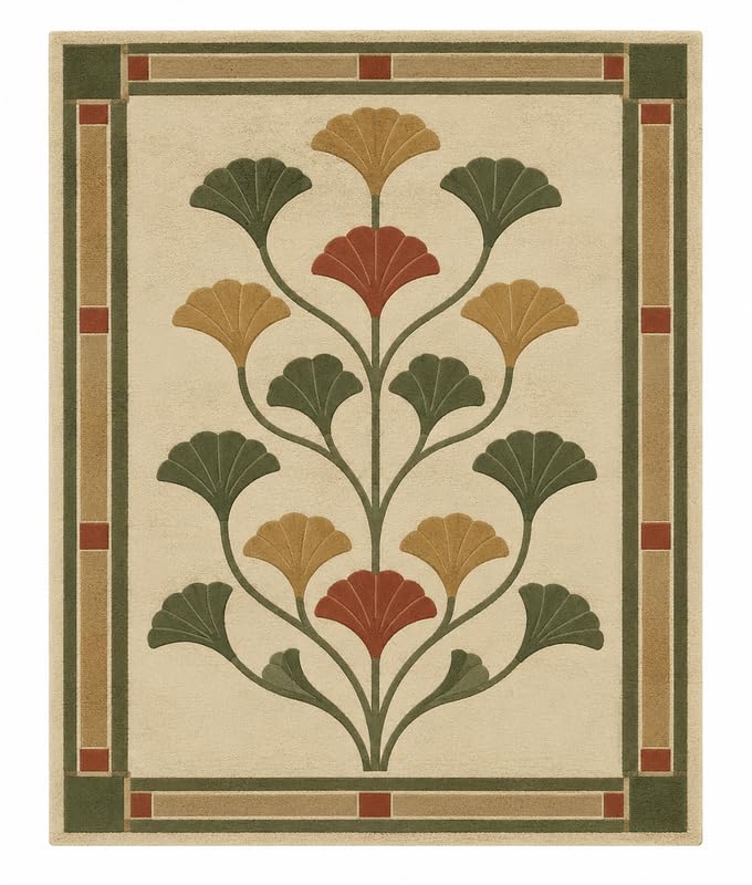 WD Ginkgo Art & Crafts Green Modern Wool Area Rug for Living Room and Bedroom, 10X13