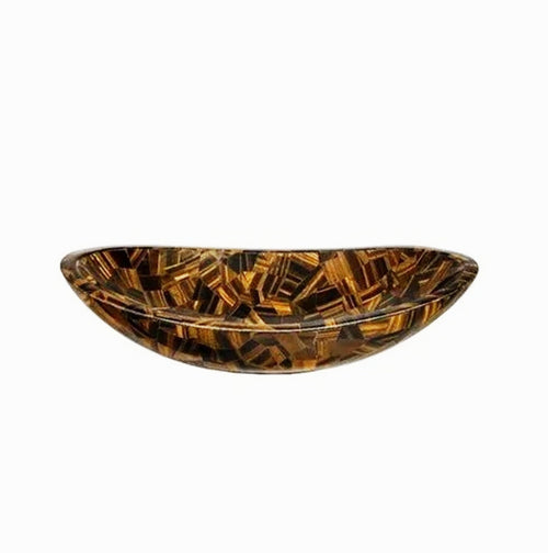 20 x 16 Inches Oval Shape Marble Decorative Sink Tiger Eye Stone Overlay Work Hand Wash Bowl from Indian Cottage Art and Crafts, White, Vishnu0105245436