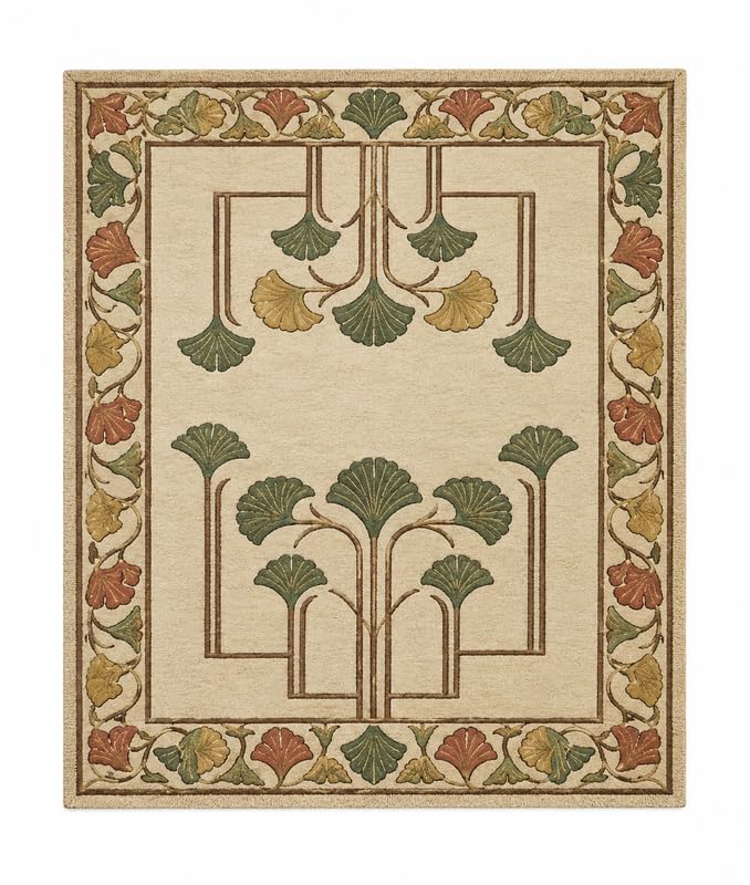 WD Ginkgo Art & Crafts Green Modern Wool Area Rug for Living Room and Bedroom, 9X9