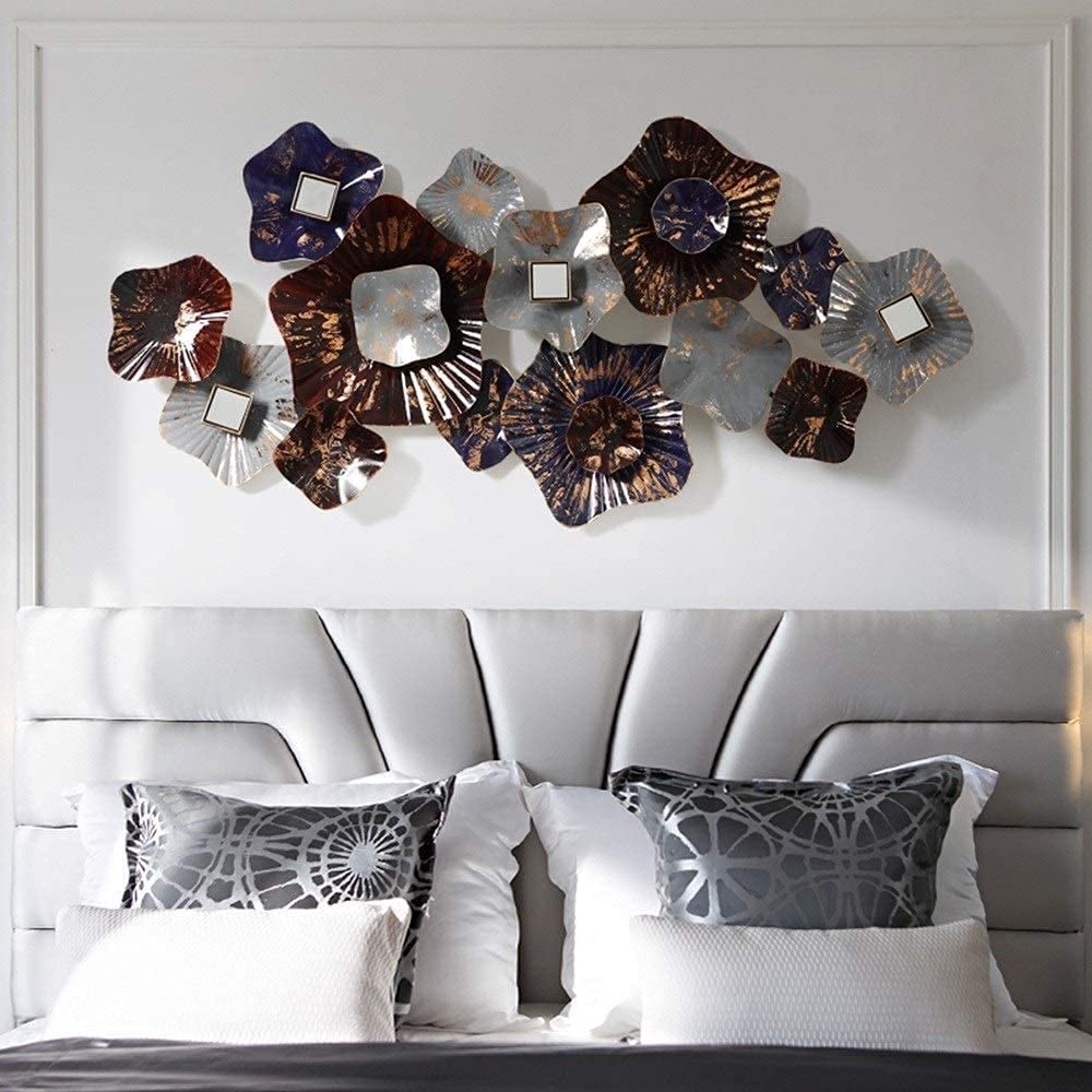 Wall Decor Large Metal Wall Decoration- Art Wall Hanging, Metal Wall Art,3D Wrought Iron Flower Wall Decoration with Small Mirror Craft for Living Room Sofa Background Wall Hanging