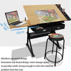 0-80° Adjustable Painting Desk Slant Lift Art Craft Station Study Desk, Work Bench with 2 Drawers/Stool for Artist Painter Office