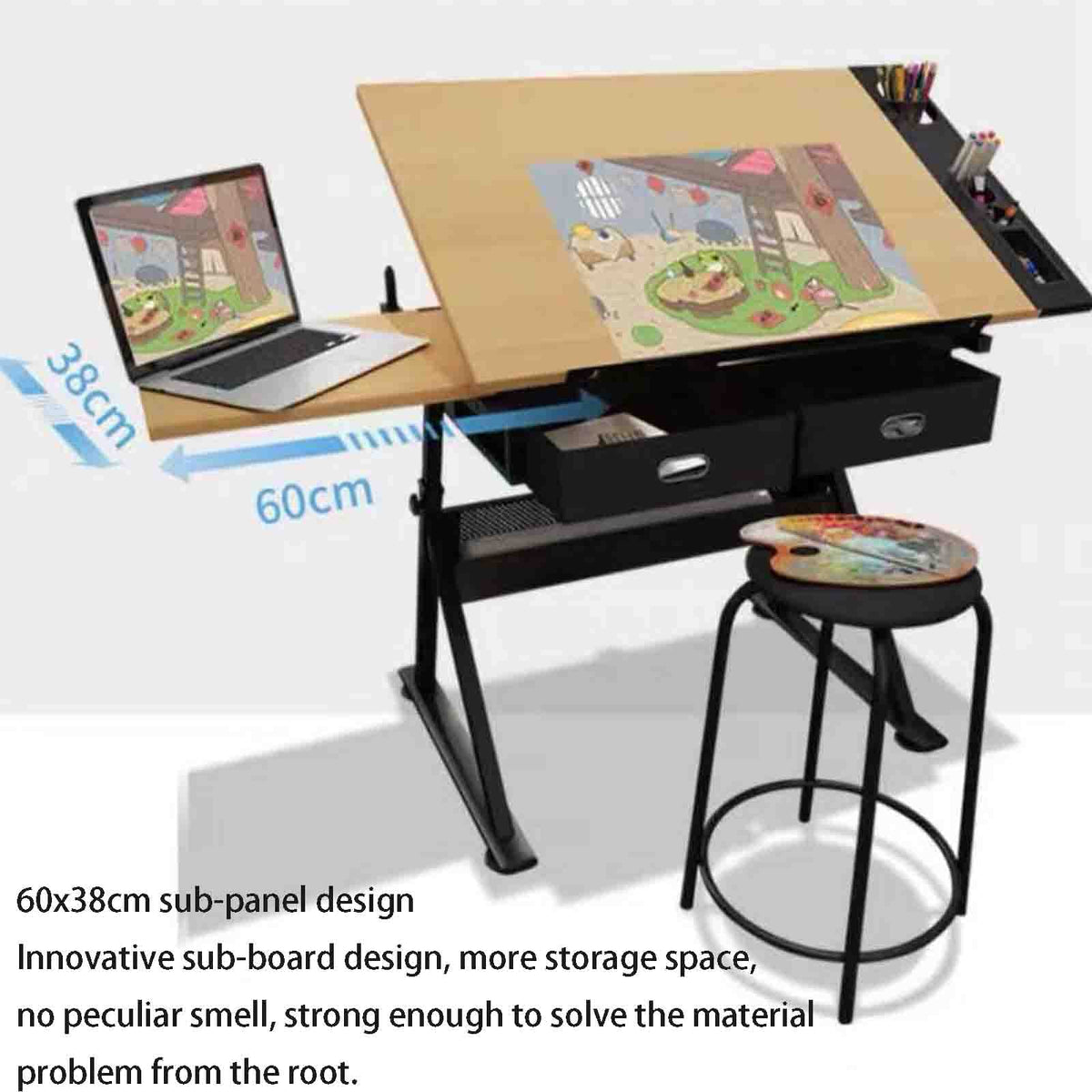0-80° Adjustable Painting Desk Slant Lift Art Craft Station Study Desk, Work Bench with 2 Drawers/Stool for Artist Painter Office
