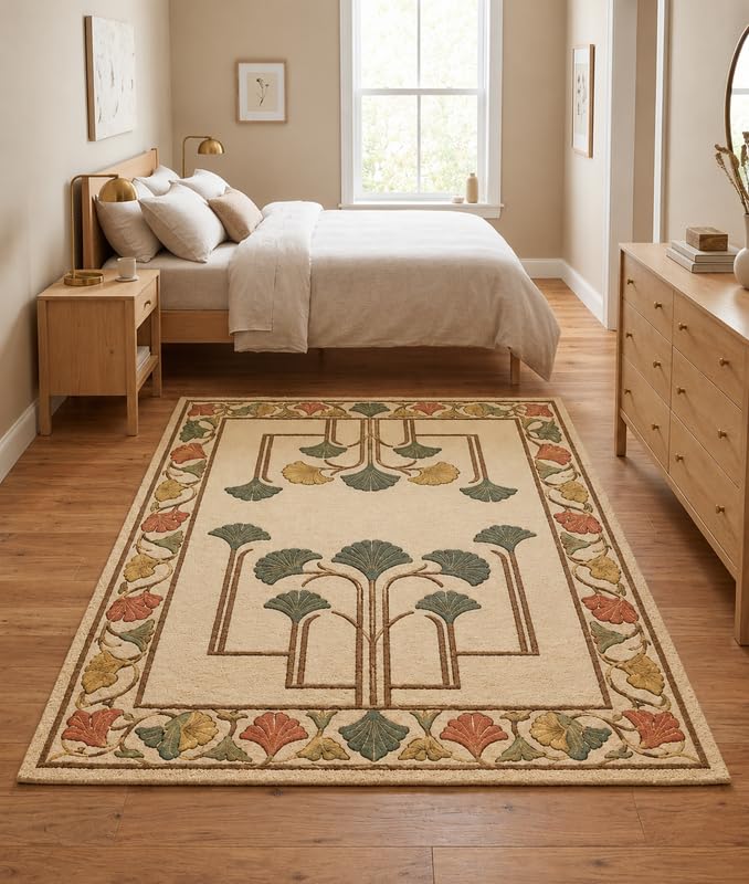 WD Ginkgo Art & Crafts Green Modern Wool Area Rug for Living Room and Bedroom, 9X11