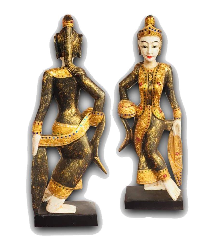 Sirin Craft A Pair of Northern Thailand Traditional Dancing Girl (Nang Hai) Wood Craved Statue Handicraft Home Décor Sculpture Art Thai Style Decoration (White)