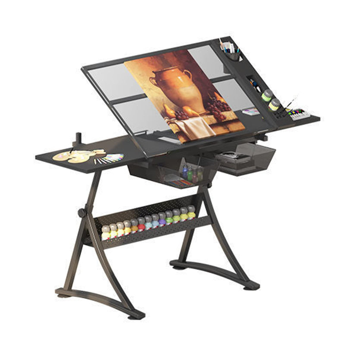 Adjustable Drawing Desk with Storage Drawers and Retractable Side Panels for Art and Craft Work