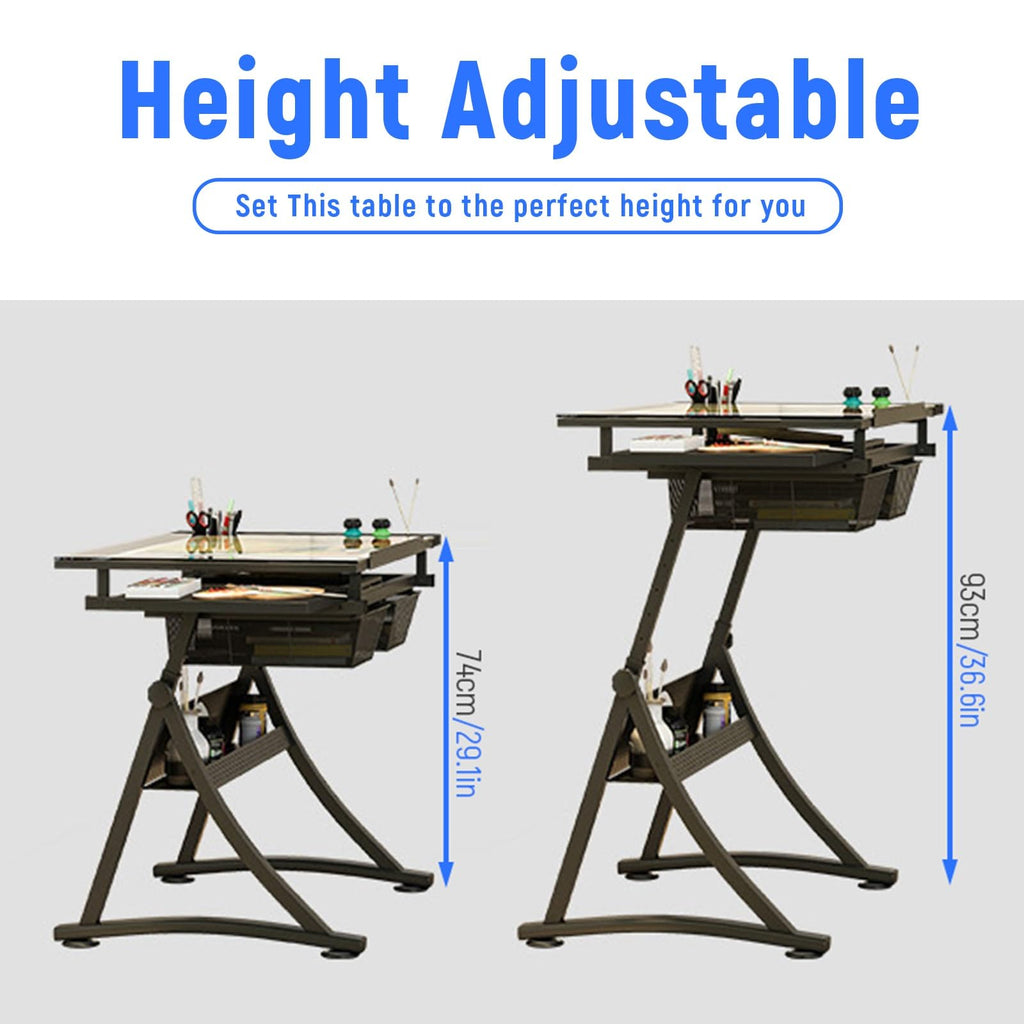 TemkIN Artist Drafting Table with Stool Acrylic Drawing Work Surface 0°-50° Tilted, Adjustable Height, Study Workstation for Reading, Writing, Crafting, Painting Art, 2*Side Tray, Black