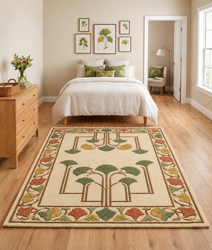 WD Ginkgo Art & Crafts Green Modern Wool Area Rug for Living Room and Bedroom, 9X11