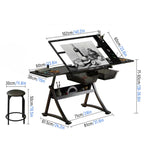 TemkIN Artist Drafting Table with Stool Acrylic Drawing Work Surface 0°-50° Tilted, Adjustable Height, Study Workstation for Reading, Writing, Crafting, Painting Art, 2*Side Tray, Black