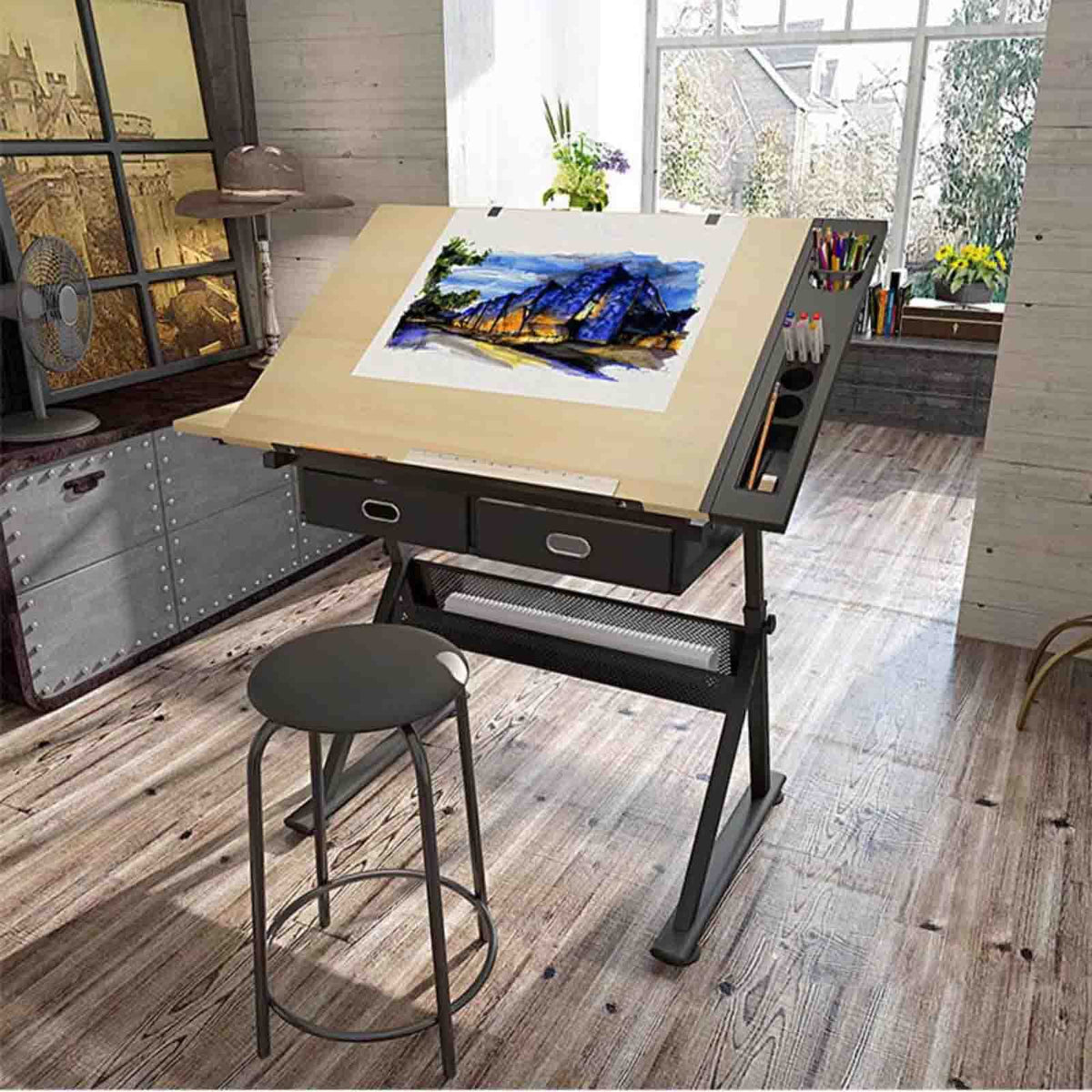 0-80° Adjustable Painting Desk Slant Lift Art Craft Station Study Desk, Work Bench with 2 Drawers/Stool for Artist Painter Office