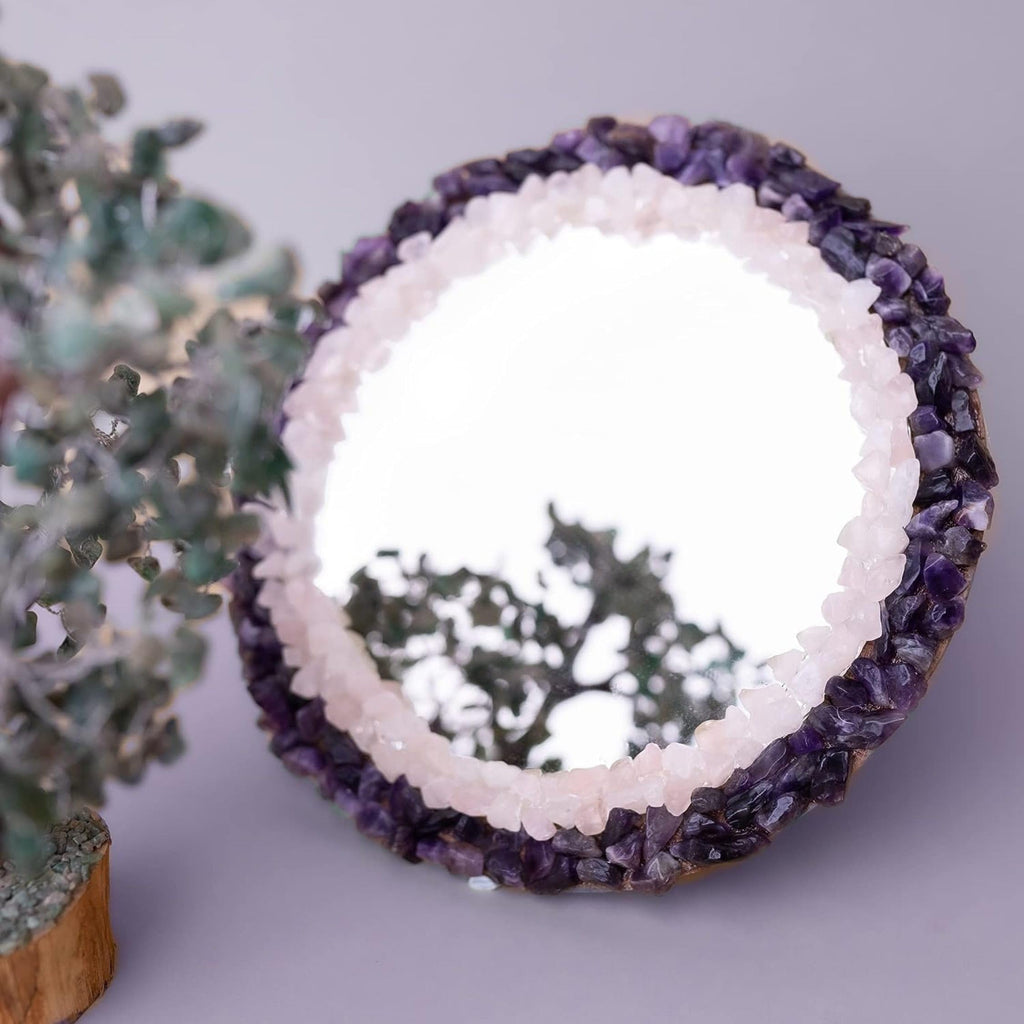 18 x 18 Inches Round Shape Marble Dressing Mirror Rose Quartz Resin Art Salon Glass from Indian Cottage Art and Crafts