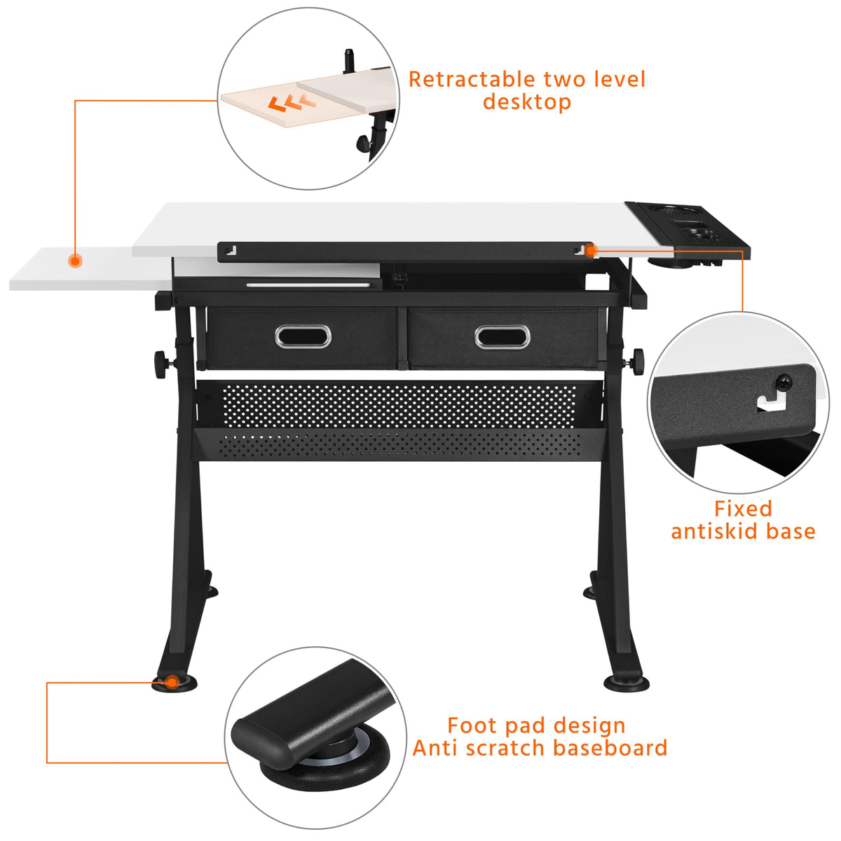 Adjustable Drawing Table with Storage Drawers Art & Craft Desk with Stool Size: 120.5 x 60 x (69.5-92.5cm) Perfect for Artists and Creatives