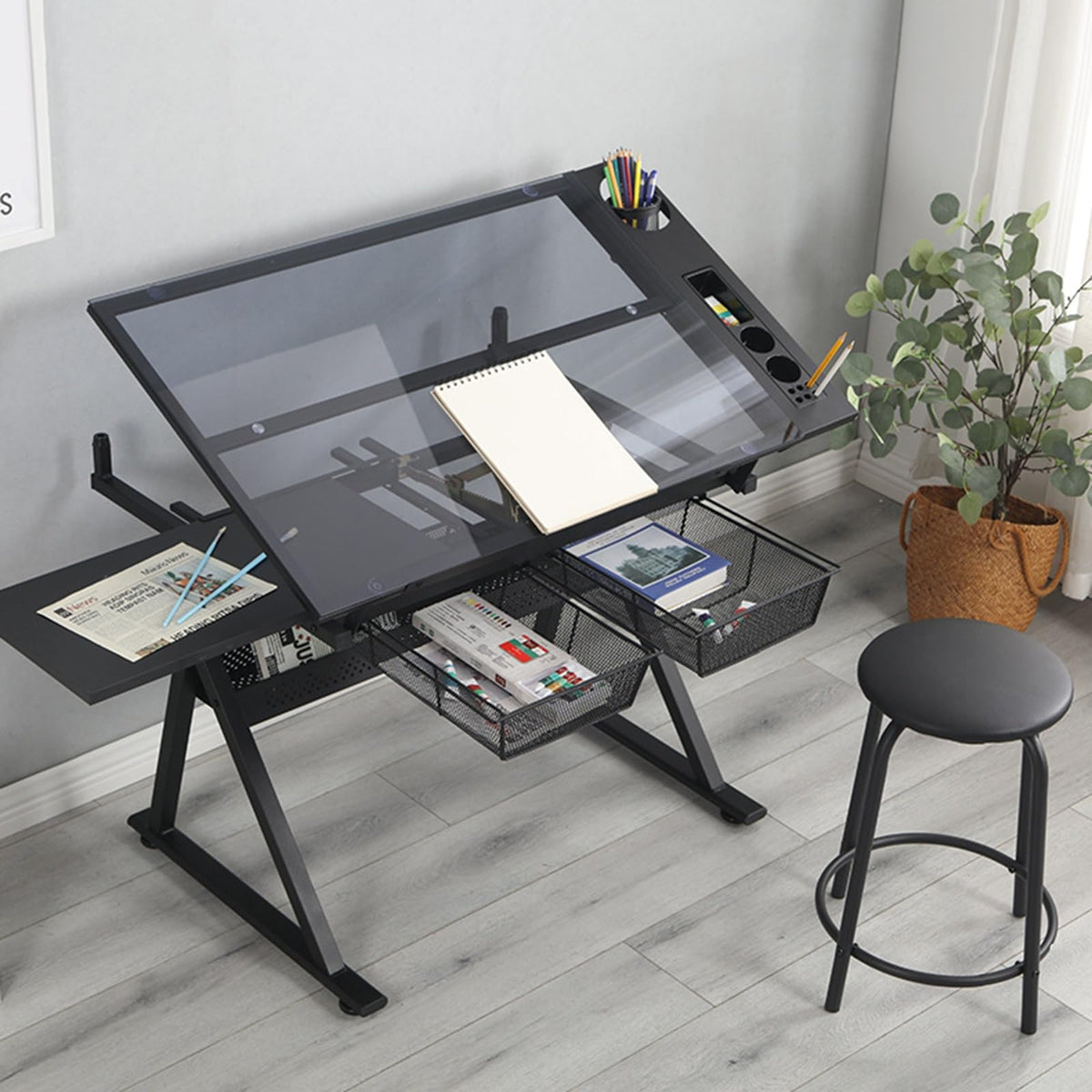 Adjustable & Tiltable Draft Drawing Table with Stool Art Craft Draft Station with Storage & Side Tray Glass Topped for Reading, Writing, Crafting, Painting Art