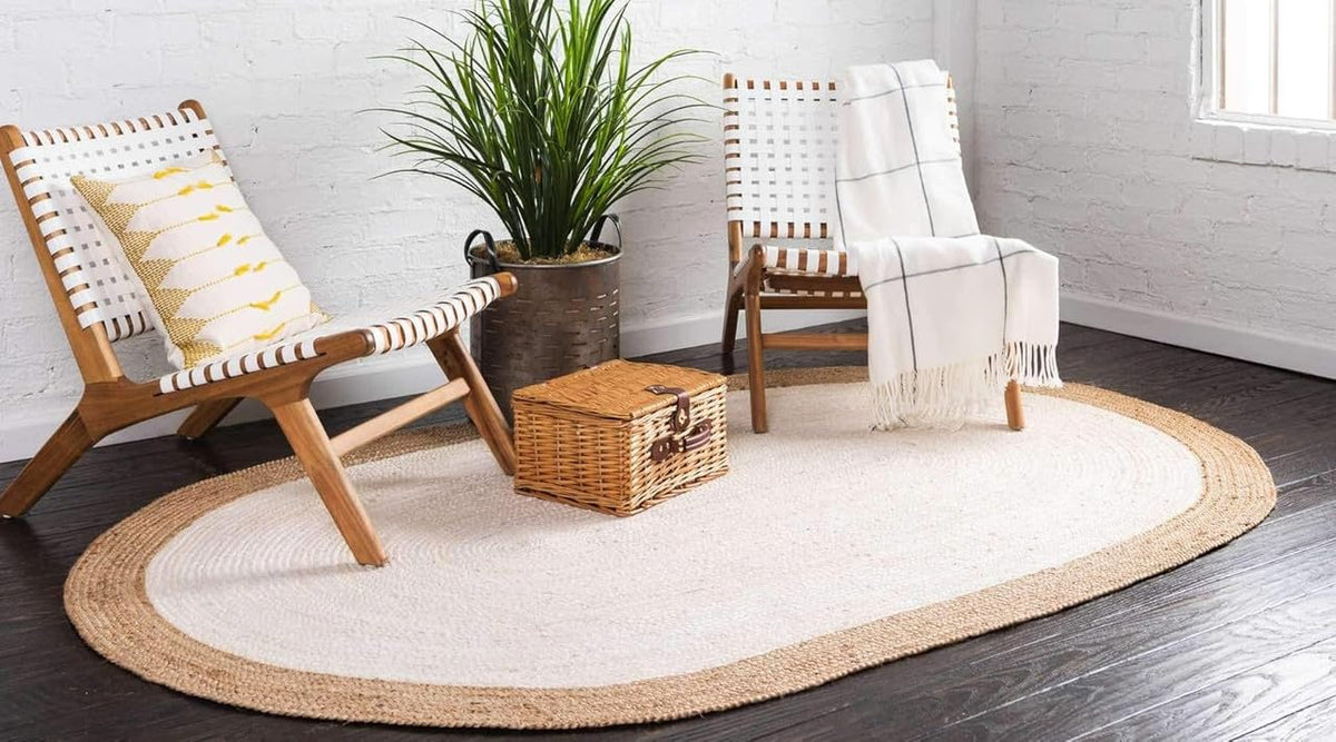 9' x 12' Oval Jute Oval Rug | Inner White | Boho Style Rustic