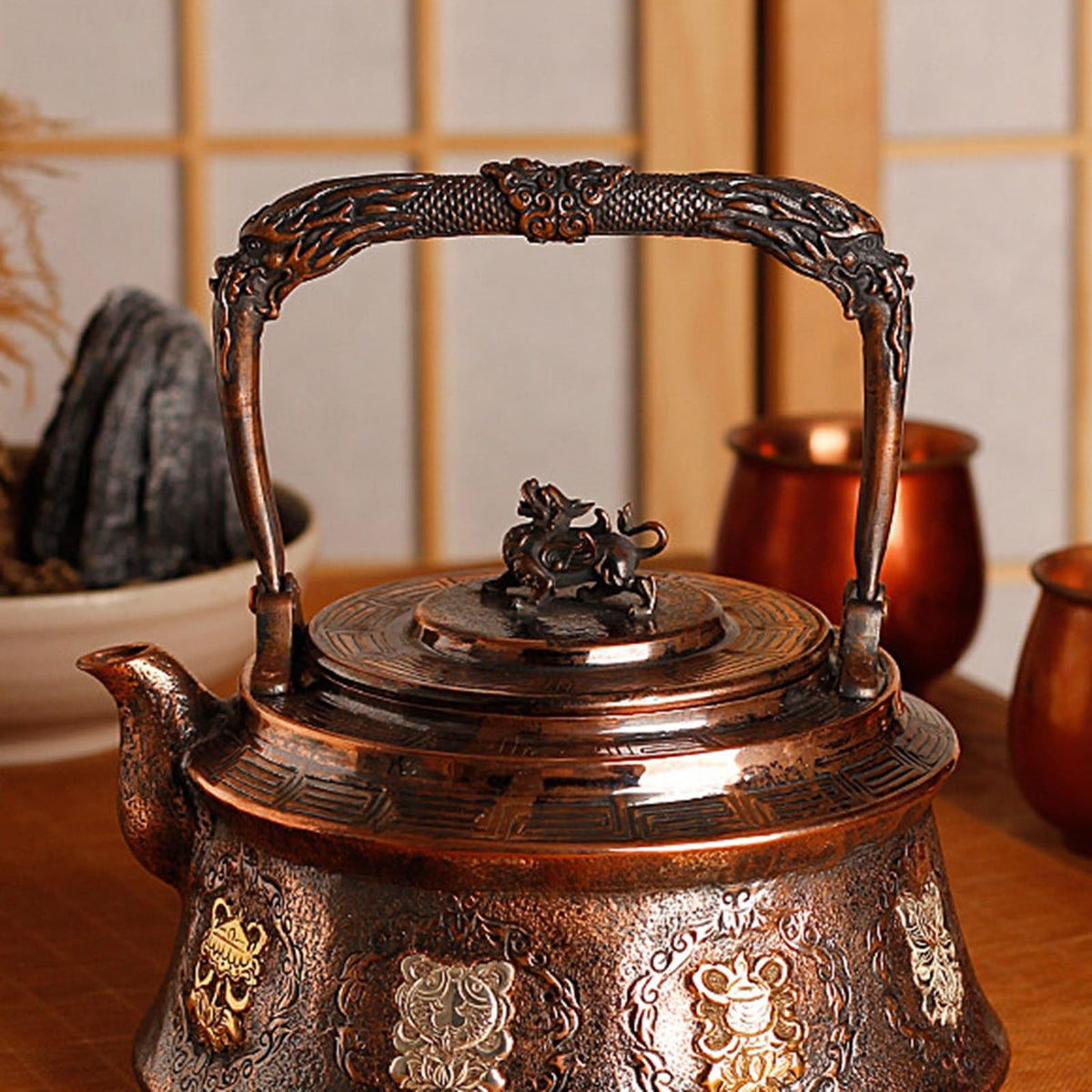 Traditional Embossed Copper Teapot, Eight Auspicious Symbols Kettle