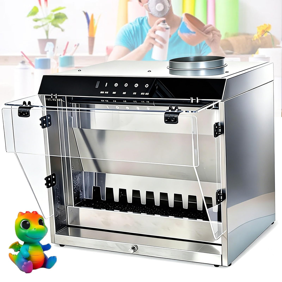 Airbrush Spray Booth with Intelligent Water Curtain, 2200 L/H Flow, Automatic Lifting Water Pump, Dust Baffle, 3 Color Lights for DIY Art Crafts and Models