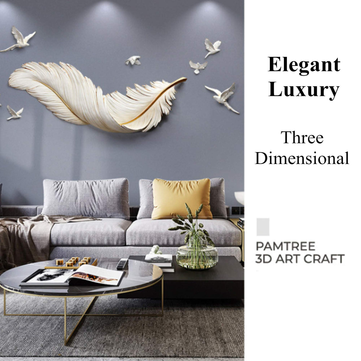 3D Gold Feather Wall Art Decor Handmade Craft Resin Feather Decoration with 7 Flying Birds for Living Room Office Bar Entryway