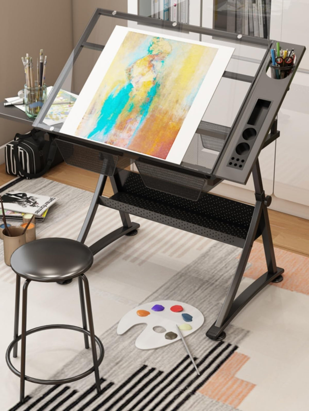TemkIN Artist Drafting Table with Stool Acrylic Drawing Work Surface 0°-50° Tilted, Adjustable Height, Study Workstation for Reading, Writing, Crafting, Painting Art, 2*Side Tray, Black