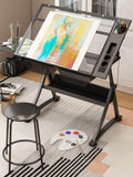 TemkIN Artist Drafting Table with Stool Acrylic Drawing Work Surface 0°-50° Tilted, Adjustable Height, Study Workstation for Reading, Writing, Crafting, Painting Art, 2*Side Tray, Black