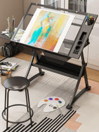 TemkIN Artist Drafting Table with Stool Acrylic Drawing Work Surface 0°-50° Tilted, Adjustable Height, Study Workstation for Reading, Writing, Crafting, Painting Art, 2*Side Tray, Black
