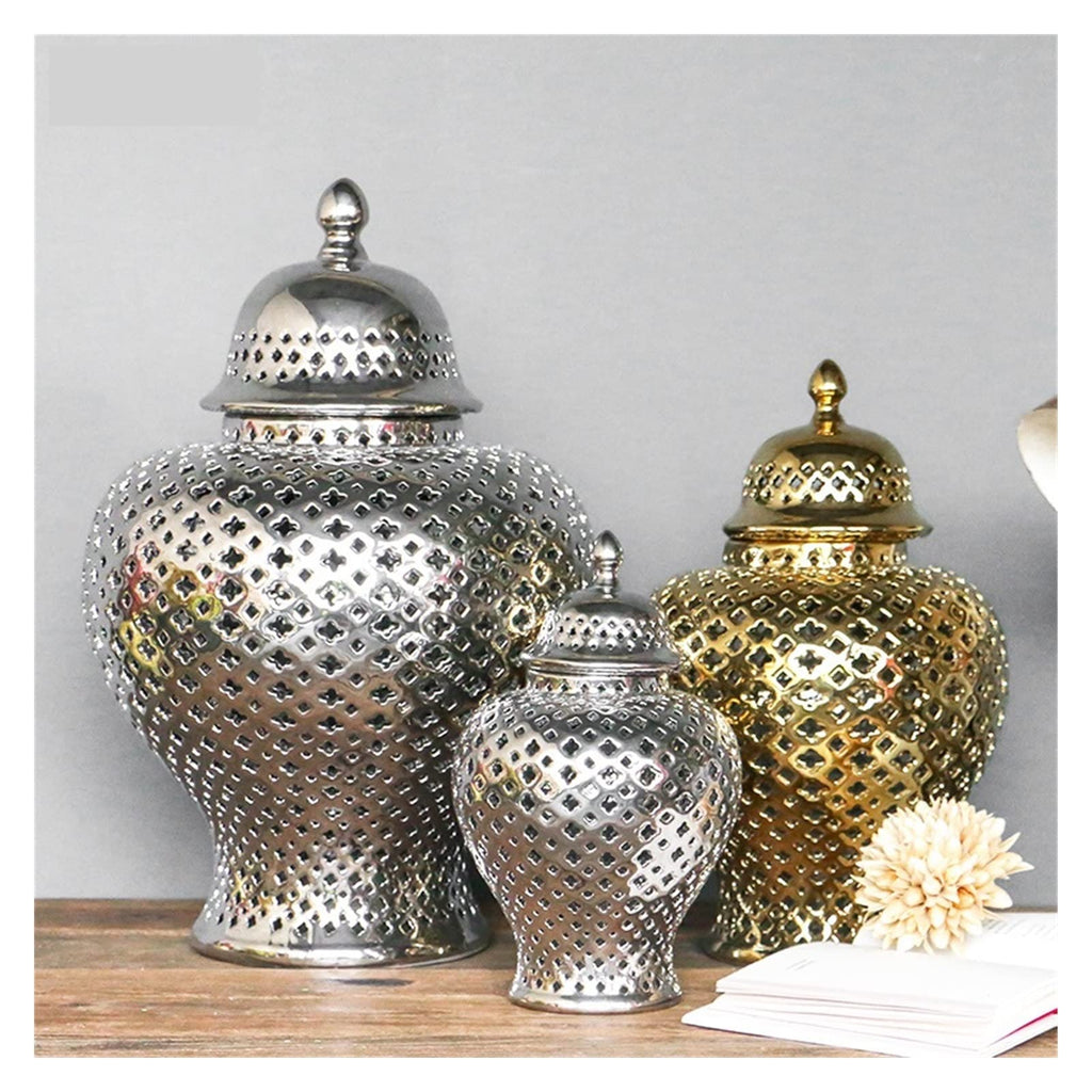 Sculpture Statue Gold Silver Ceramic Storage Jars with Lid Baroque Hollow Art Crafts European Vintage Ornaments Living Room Desk Decoration Modern Home Decoration (Color : Red)