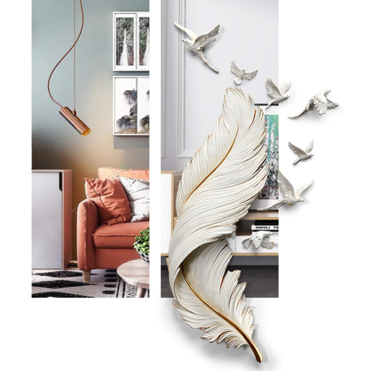 3D Gold Feather Wall Art Decor Handmade Craft Resin Feather Decoration with 7 Flying Birds for Living Room Office Bar Entryway